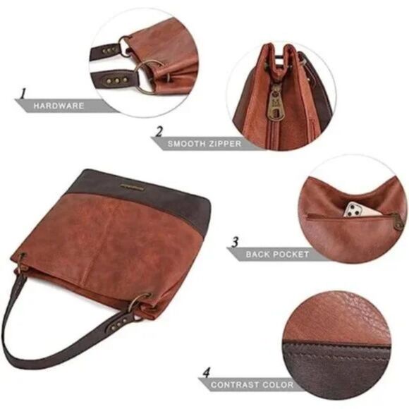 New Hobo Handbags for Women Vegan Leather Contrast Colors Top Handle Satchel Bag - Picture 10 of 16